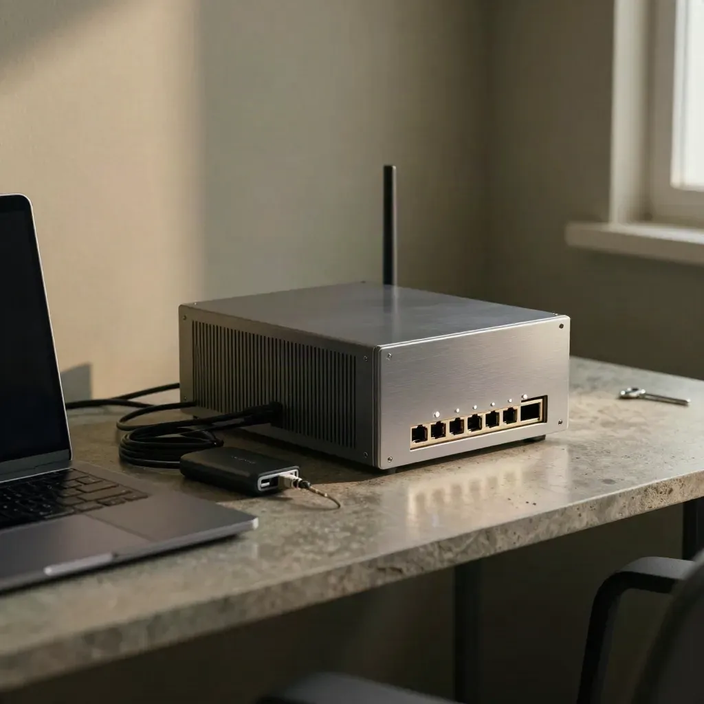 VPN gateway, router and closed laptop on a workbench with glowing ports and soft haze