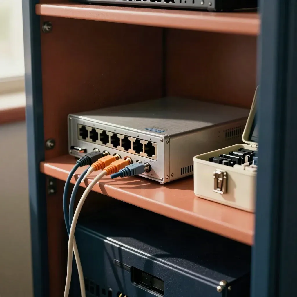 Firewall appliance, network tap, cords and lockbox on a warm cabinet shelf.
