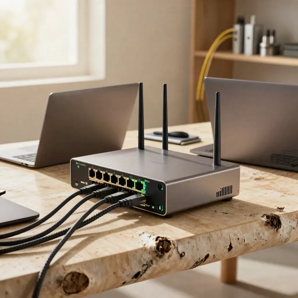 VPN gateway and travel routers glowing on a bench beside closed laptops and cables.