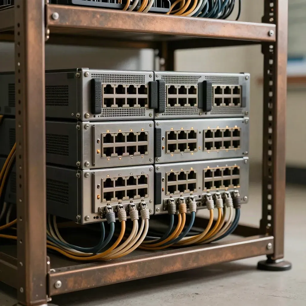 Extreme macro of firewall hardware and bundled router cables inside a logistics control rack.