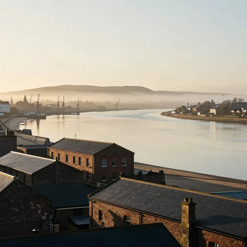 Golden North West England skyline with docks, river haze and distant hills