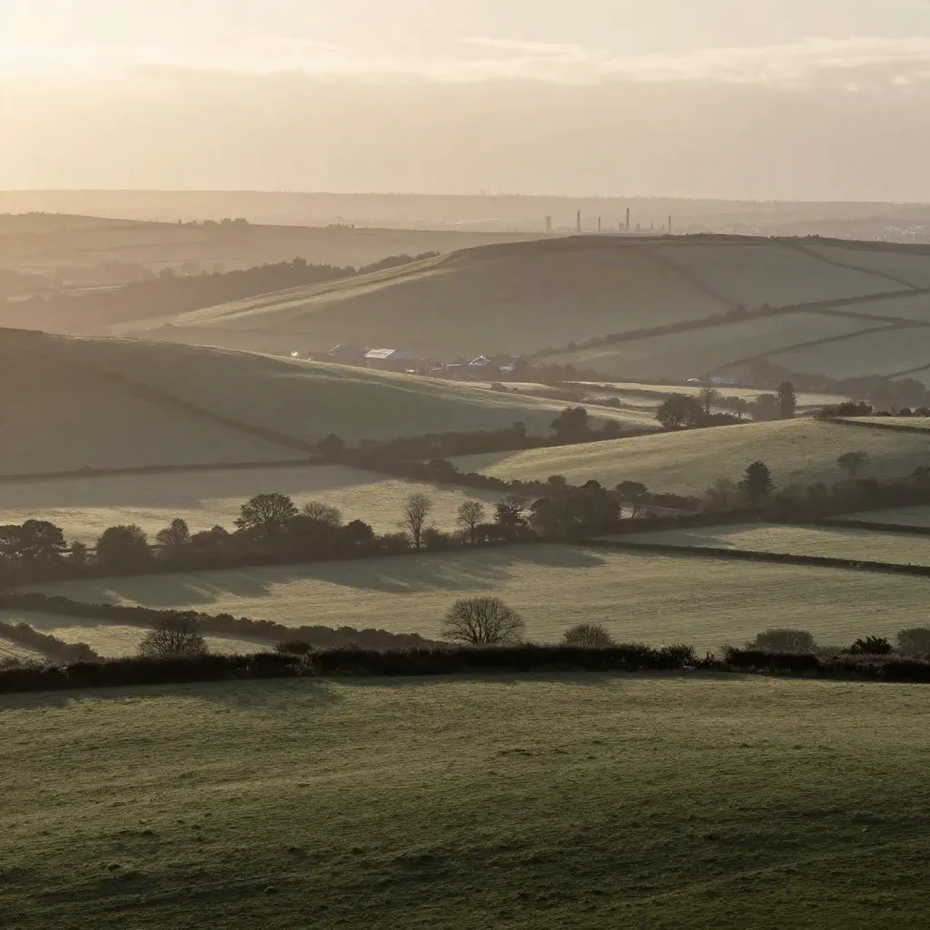 Hazy West Midlands ridge view with distant city line and calm open valley.