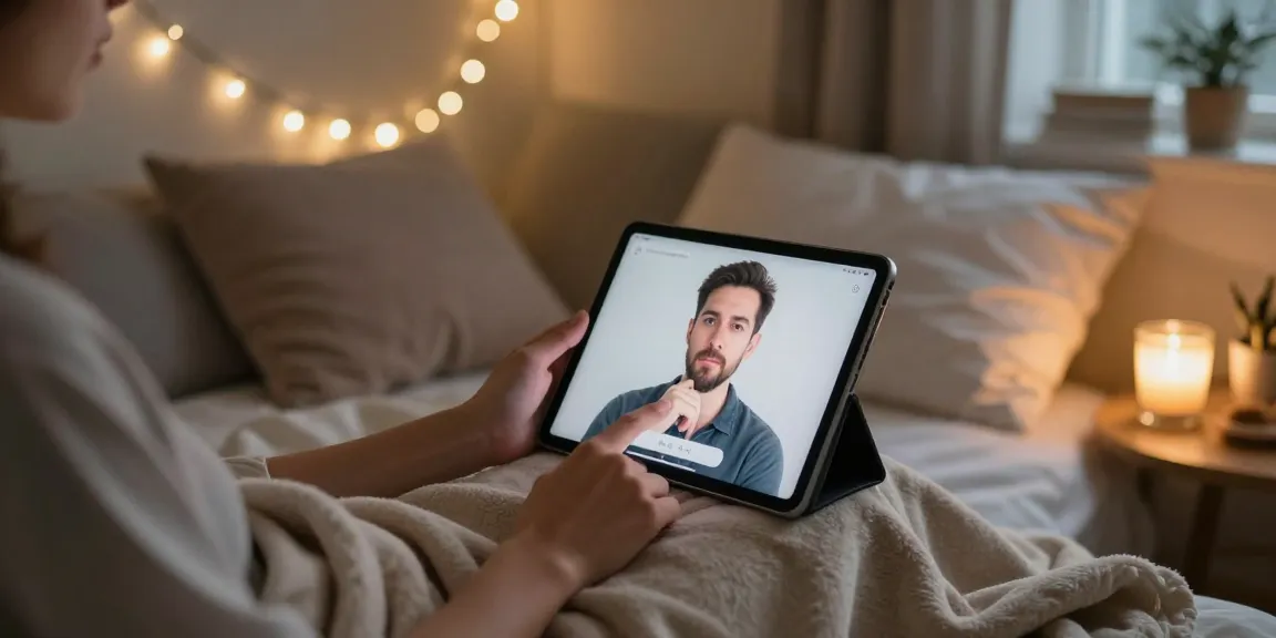 Engaging in an ai porn chat on a tablet in a cozy bedroom environment.